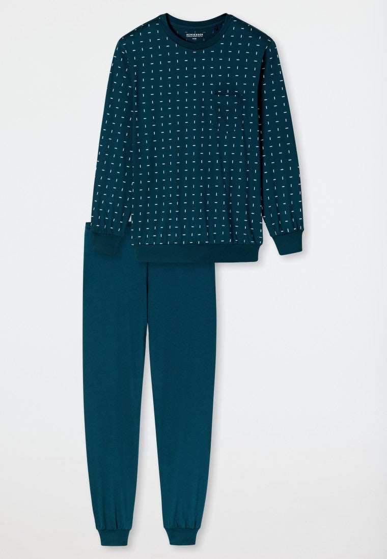 Schiesser Pyjamas long pyjamas cuffs chest pocket petroleum patterned - Comfort Essentials