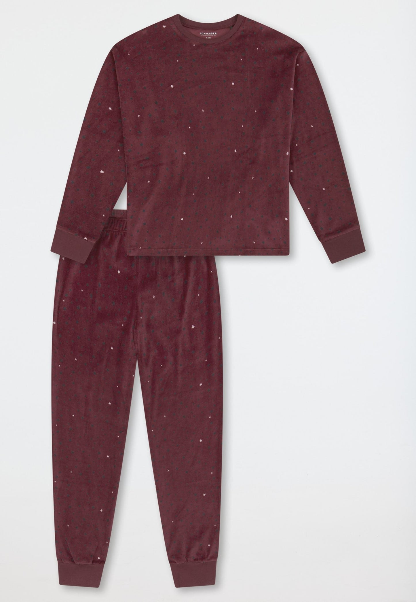 Schiesser Pyjamas long velour cuffs stars burgundy - Teens Nightwear