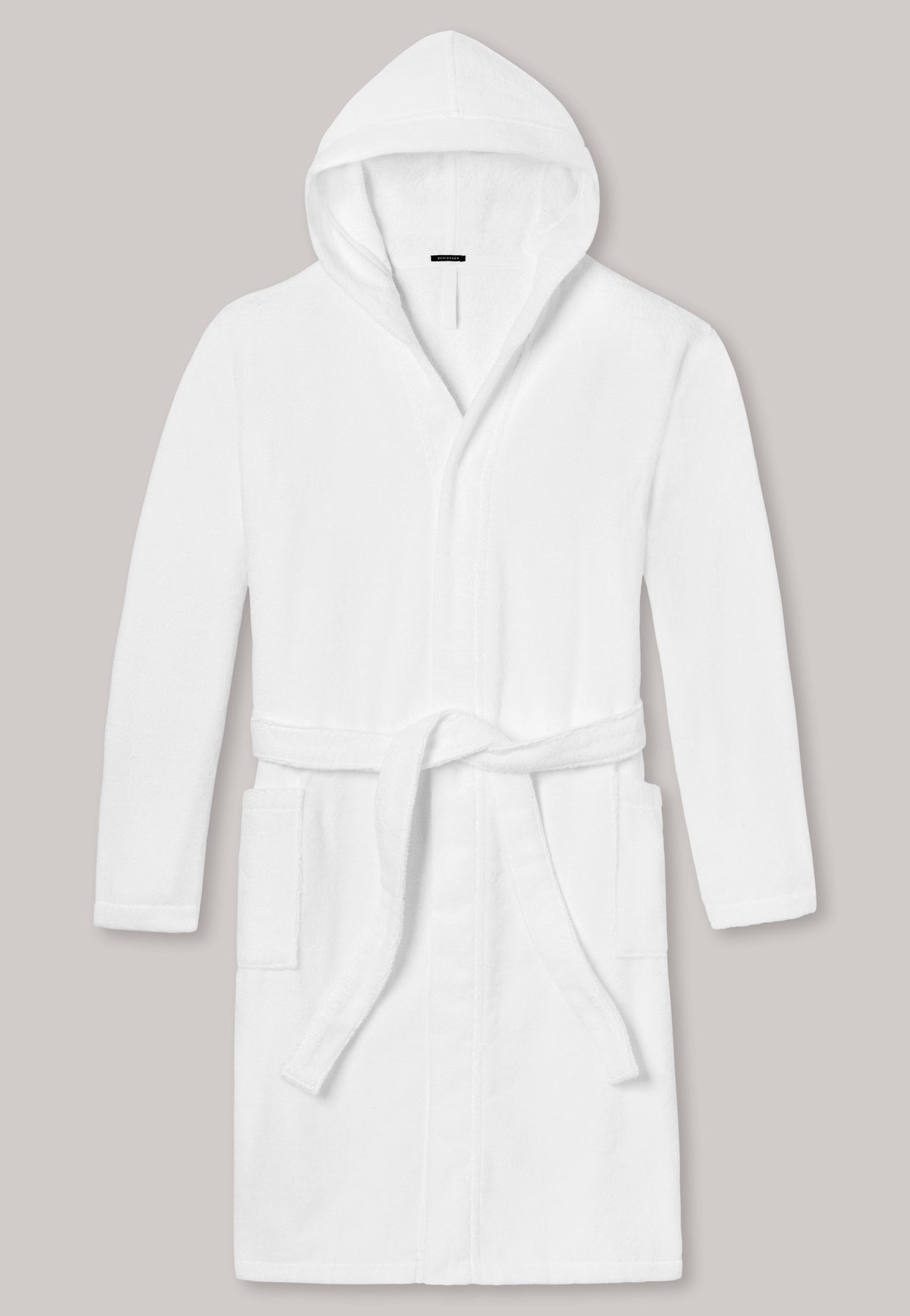 128545-100 Schiesser Bathrobe with hood, 120 cm, white - Essentials
