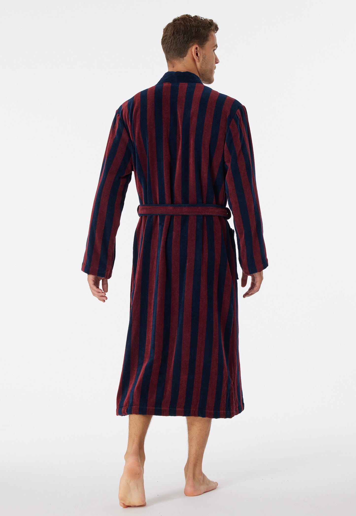178405-502 Schiesser Bathrobe soft velour burgundy striped - Essentials