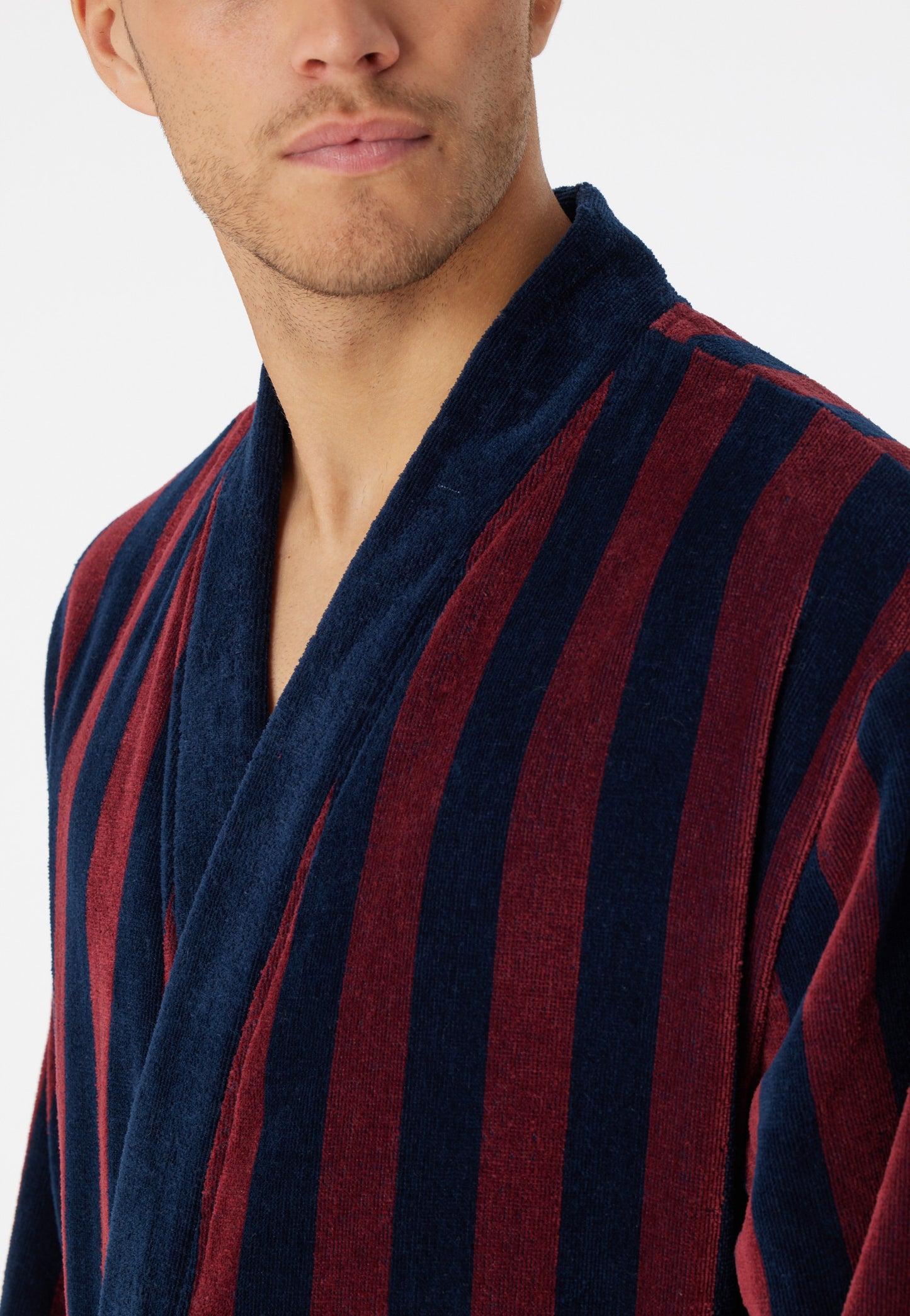 178405-502 Schiesser Bathrobe soft velour burgundy striped - Essentials