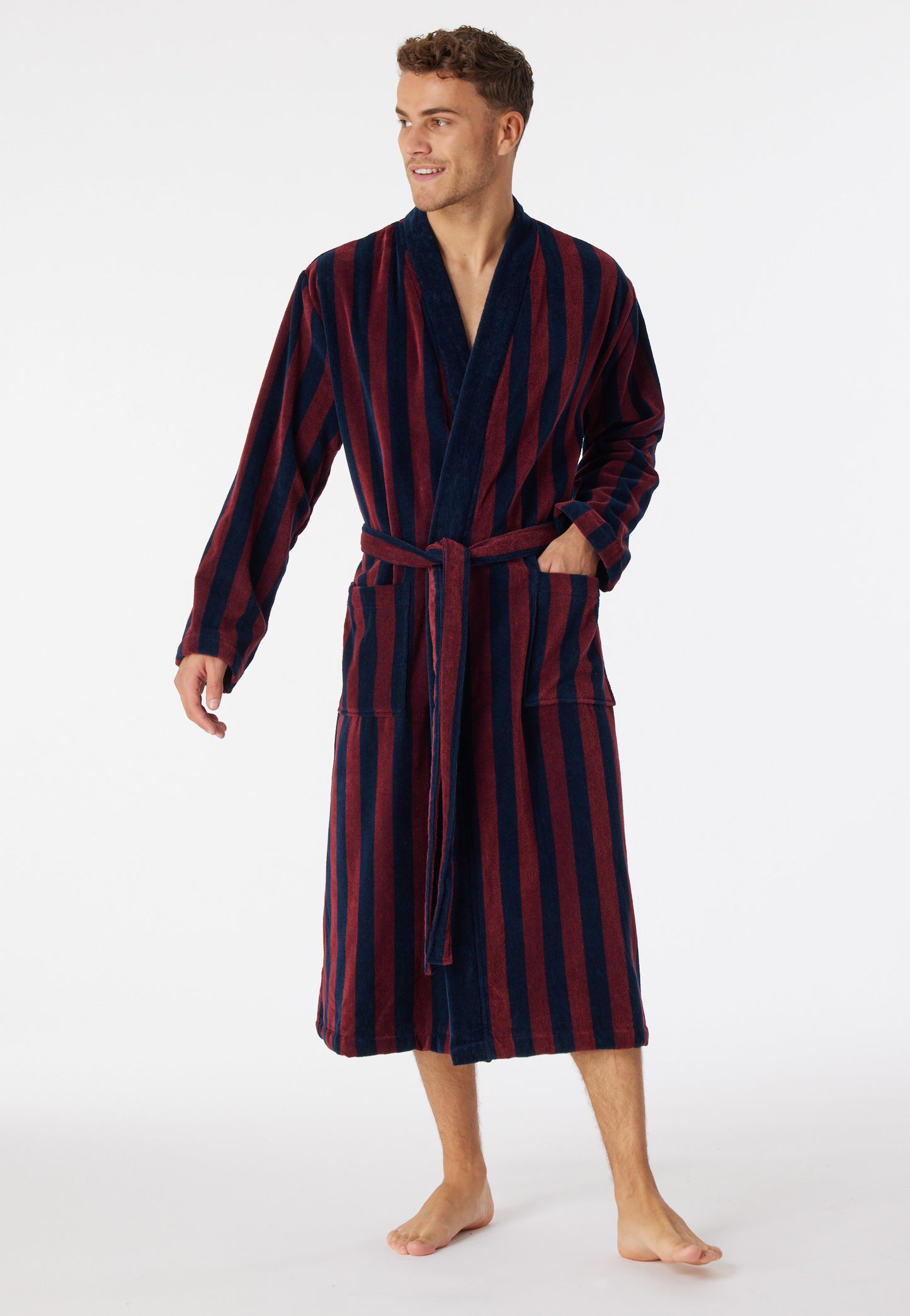 178405-502 Schiesser Bathrobe soft velour burgundy striped - Essentials