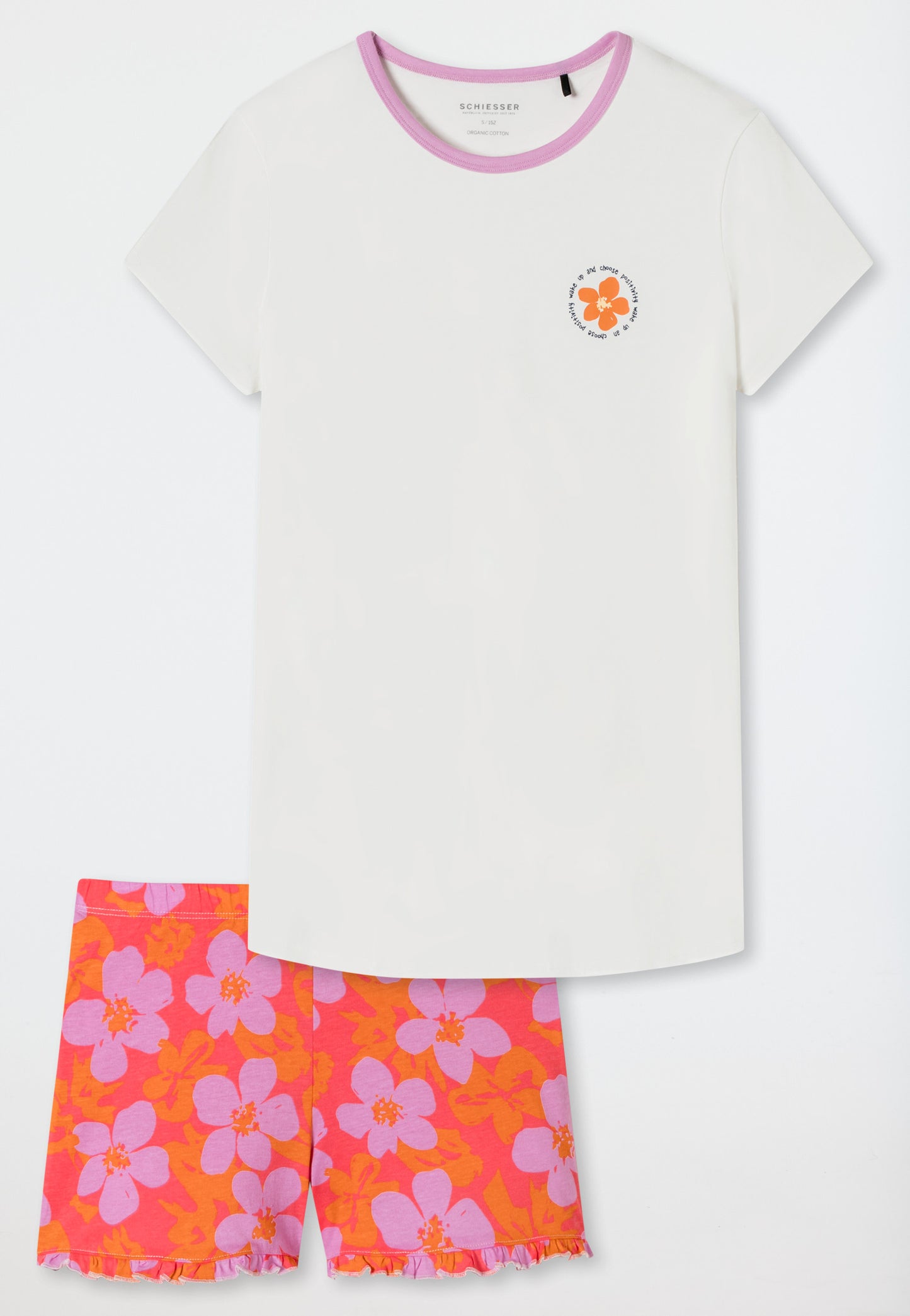 Pyjama court coton biologique fleurs volants blanc cassé - Nightwear