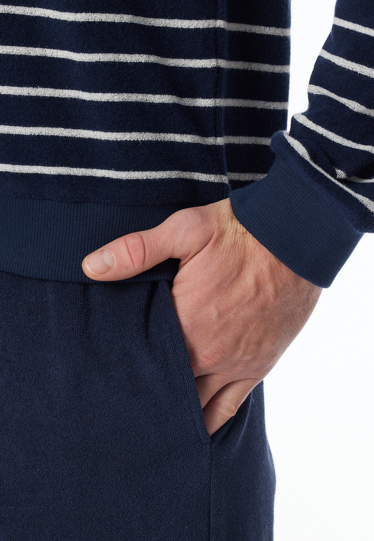 Schlafanzug lang Frotttee Bündchen Streifen nachtblau - Casual Nightwear