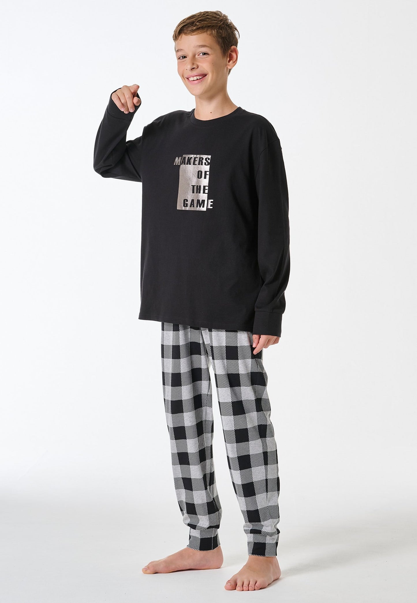 Schiesser Long pyjamas checkered black - Teens Nightwear