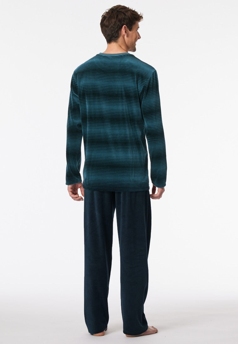 Schlafanzug lang Velour Streifen jeansblau - Casual Nightwear