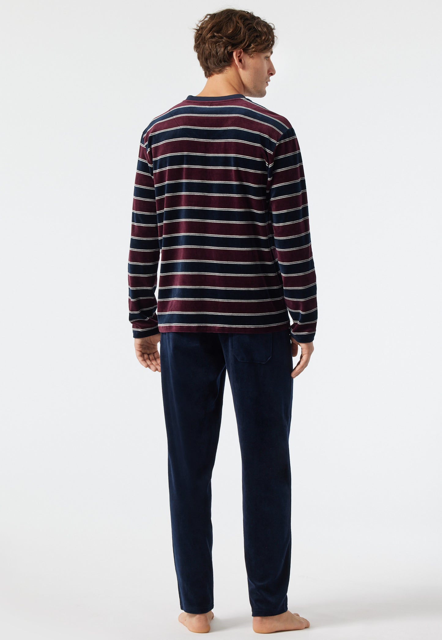 Pyjama long éponge encolure en V rayé bordeaux/bleu foncé - Warming Nightwear