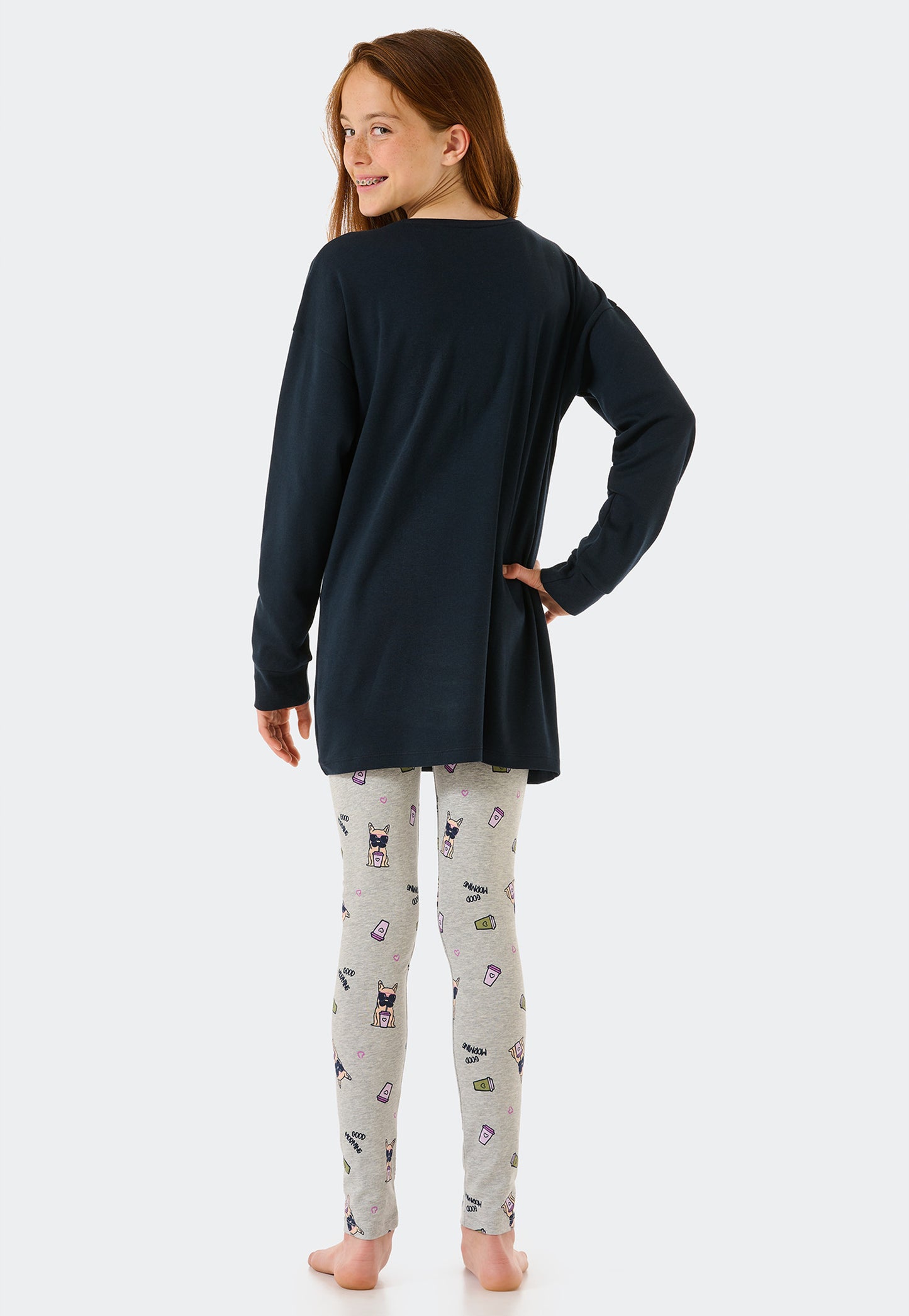 Pyjama long interlock coton bio bords-côtes chien indigo - Tomorrows World