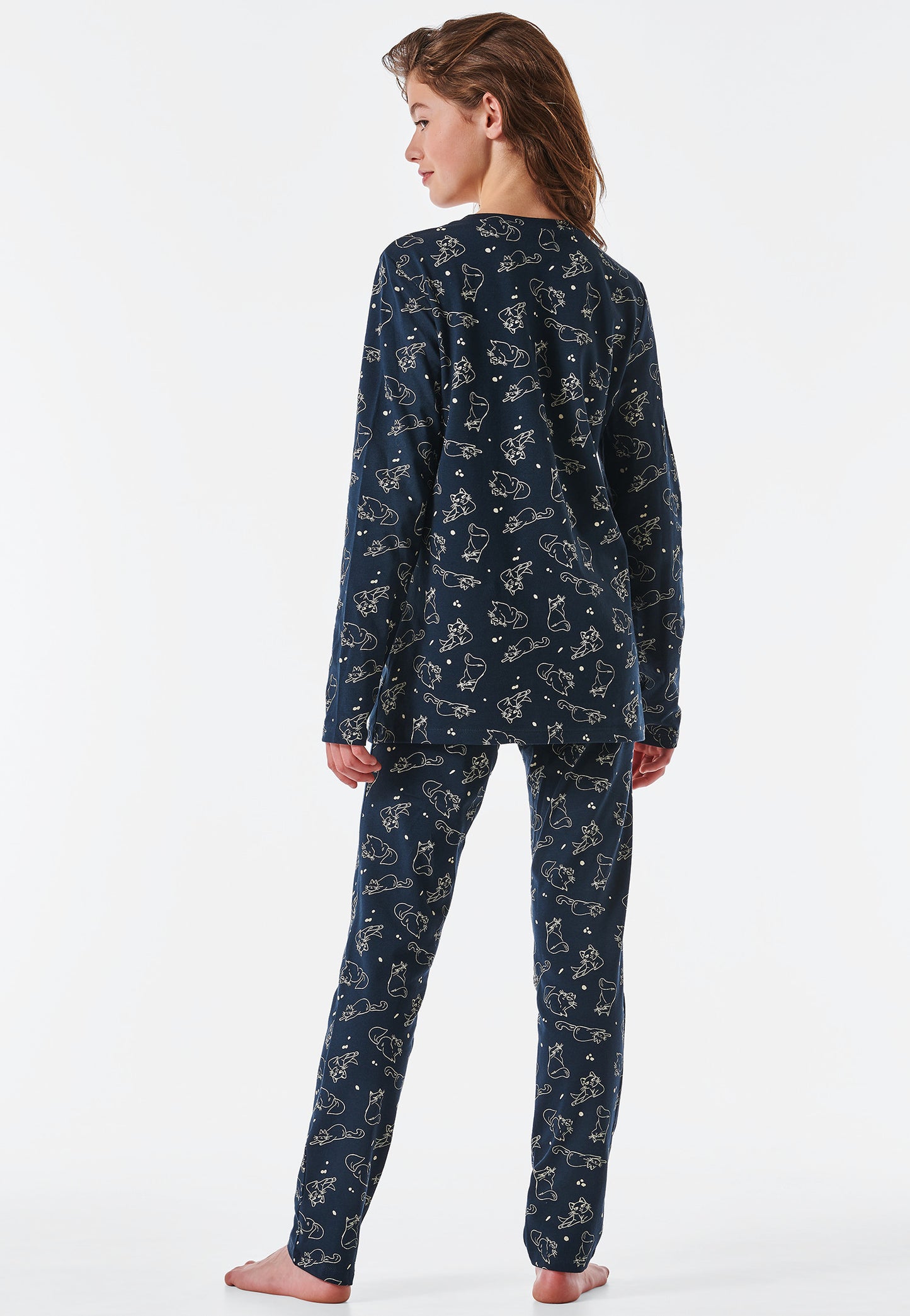 Schlafanzug lang Organic Cotton Katze gemustert anthrazit - Natural Rythm