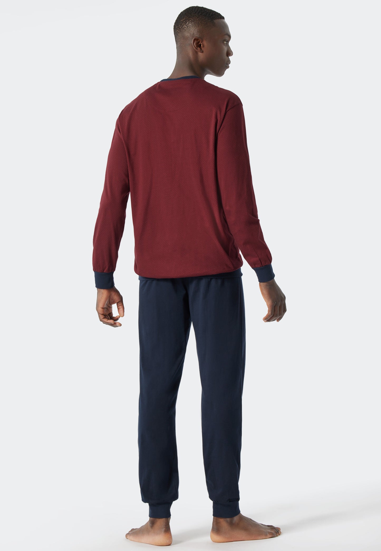 Pyjama long encolure arrondie bords-côtes motifs bordeaux/bleu foncé - Essentials Nightwear