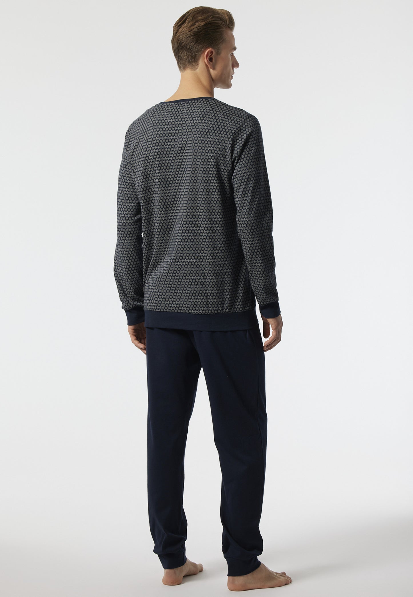 Pajamas long crew neck cuffs patterned dark blue - Fine Interlock