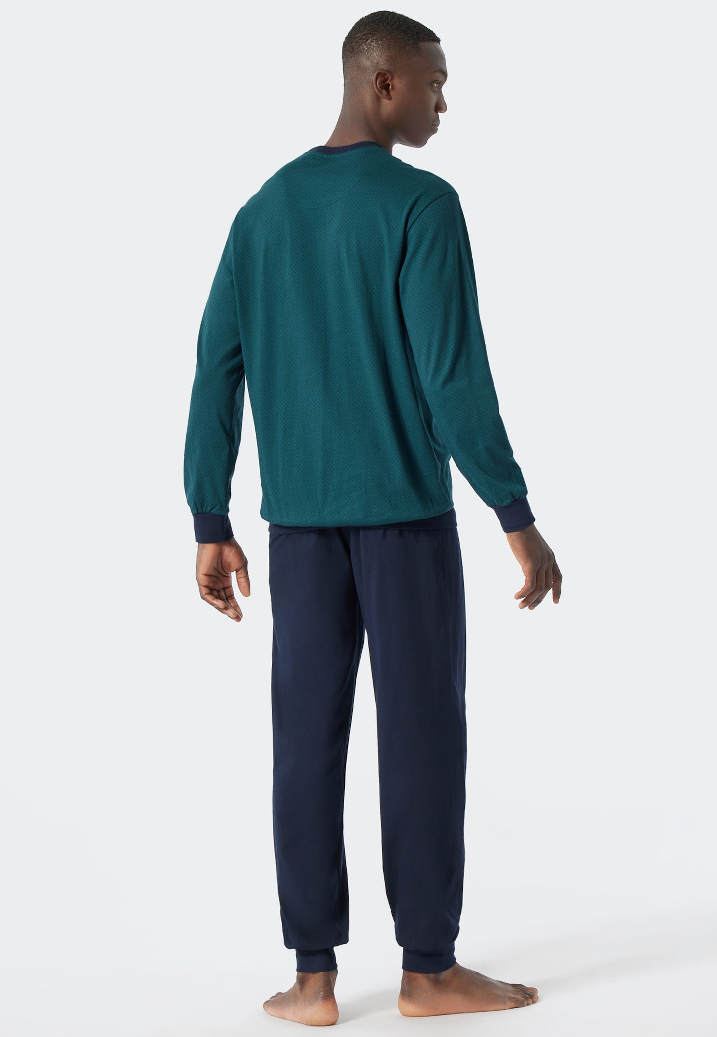Pyjama long encolure arrondie bords-côtes motifs vert foncé/bleu foncé - Essentials Nightwear