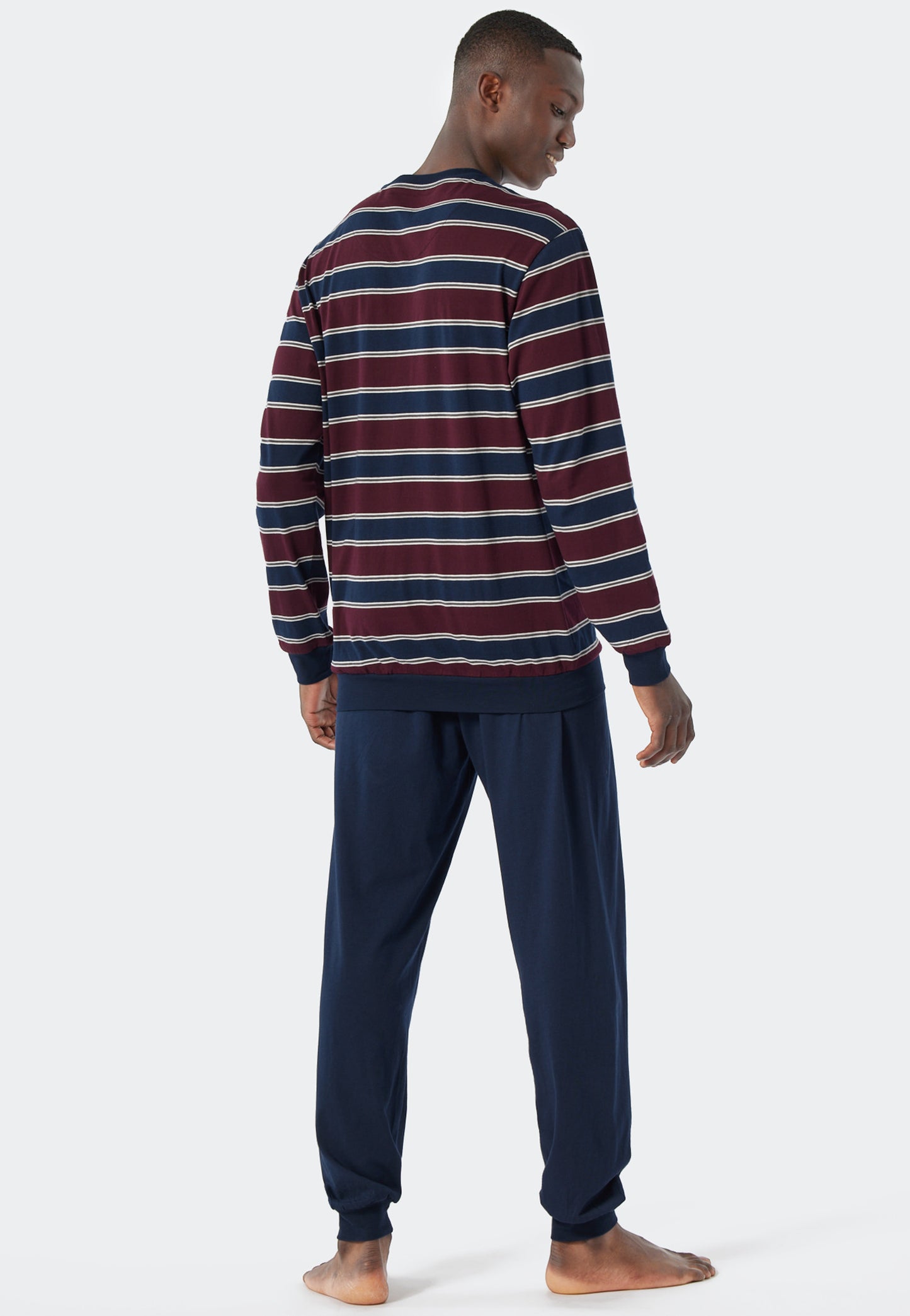 Pyjama long encolure ronde bords-côtes rayés bordeaux/bleu foncé - Comfort Fit