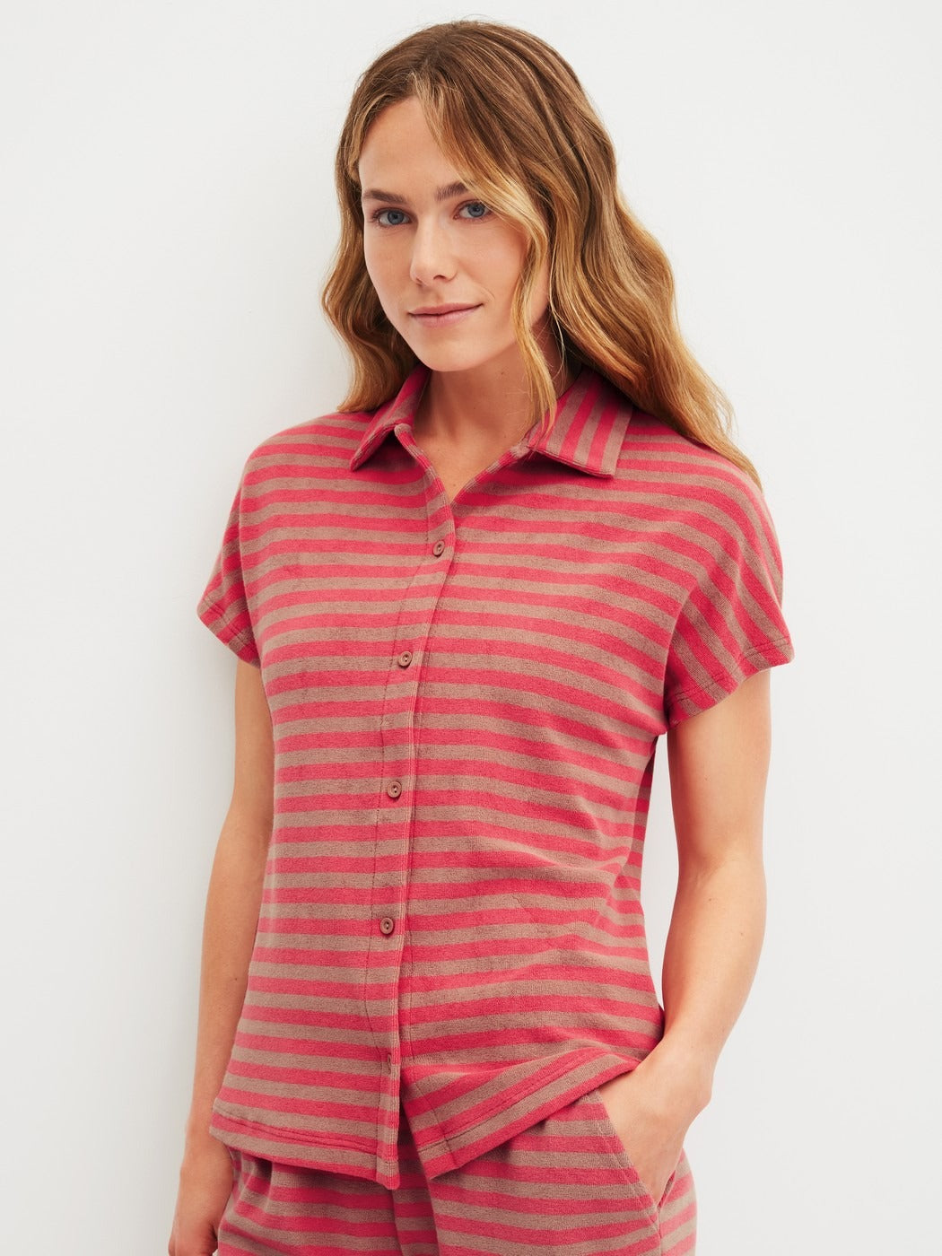 Calida Lounge Stripe Short-sleeved shirt with buttons made of terry cloth