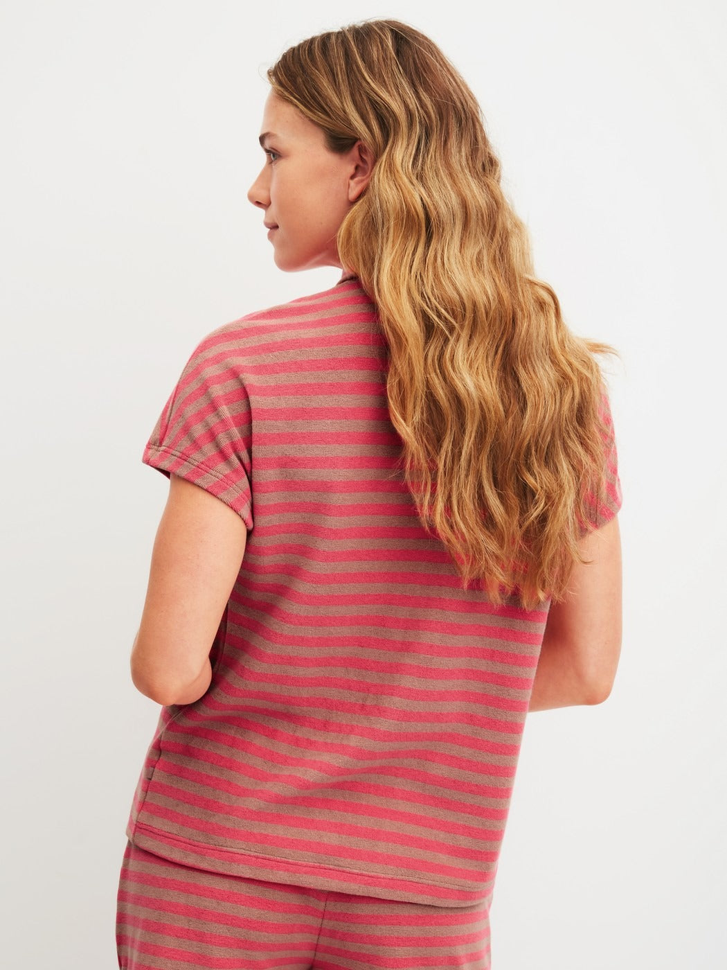 Calida Lounge Stripe Short-sleeved shirt with buttons made of terry cloth