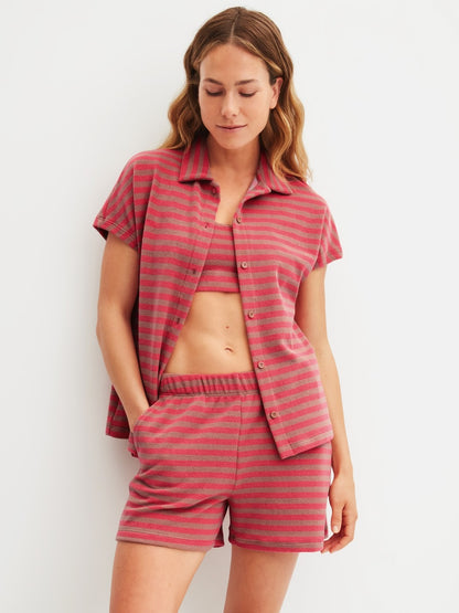 Calida Lounge Stripe Short-sleeved shirt with buttons made of terry cloth