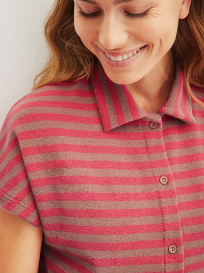 Calida Lounge Stripe Short-sleeved shirt with buttons made of terry cloth