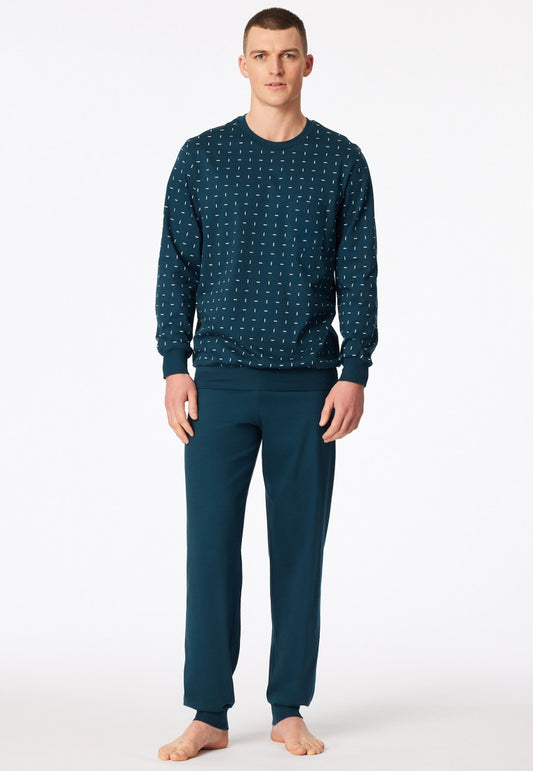 Schiesser Pyjamas long pyjamas cuffs chest pocket petroleum patterned - Comfort Essentials