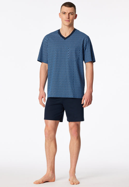 Schiesser Short pyjamas V-neck chest pocket blue patterned - Comfort Nightwear
