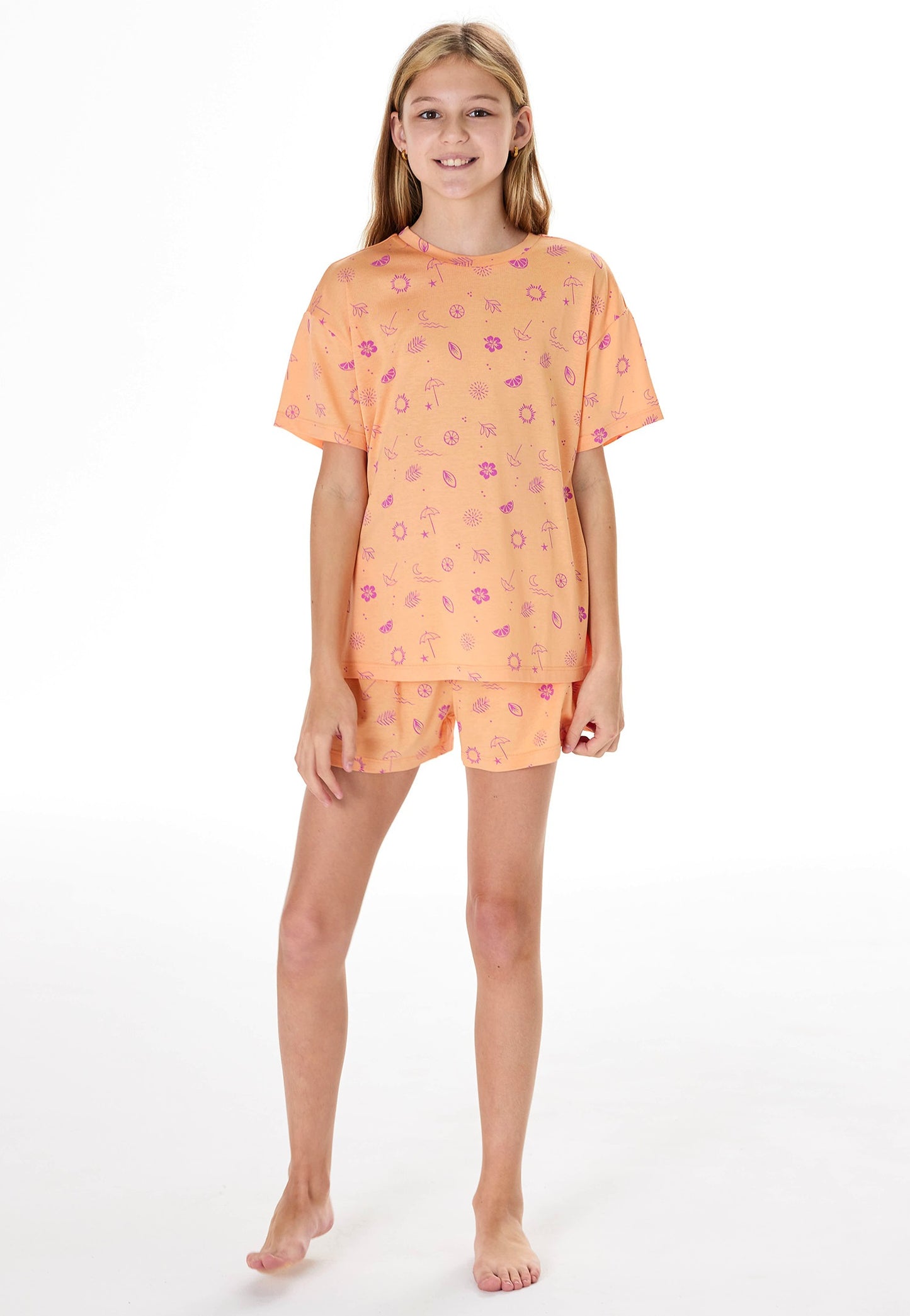 Pijamas curtos Schiesser verão pêssego-laranja - Roupa de Noite para Adolescentes