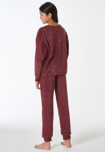 Schiesser Pyjamas long velour cuffs stars burgundy - Teens Nightwear