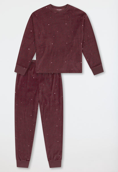 Schiesser Pyjamas long velour cuffs stars burgundy - Teens Nightwear