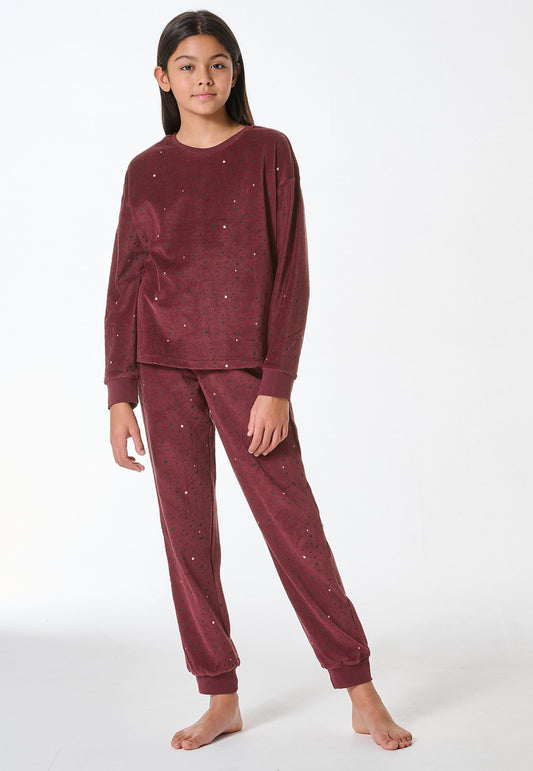 Schiesser Pyjamas long velour cuffs stars burgundy - Teens Nightwear