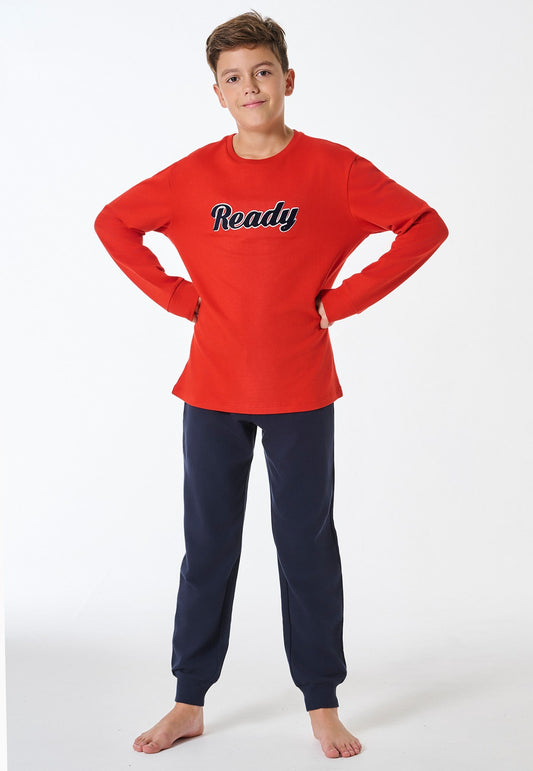 Schiesser Pyjamas long sweatware cuffs red - Teens Nightwear