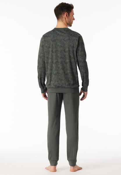 Schiesser Pyjamas long Interlock cuffs dark green patterned - Fine Interlock