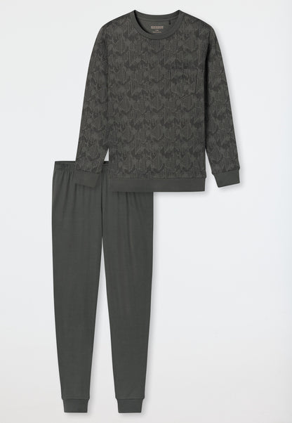 Schiesser Pyjamas long Interlock cuffs dark green patterned - Fine Interlock