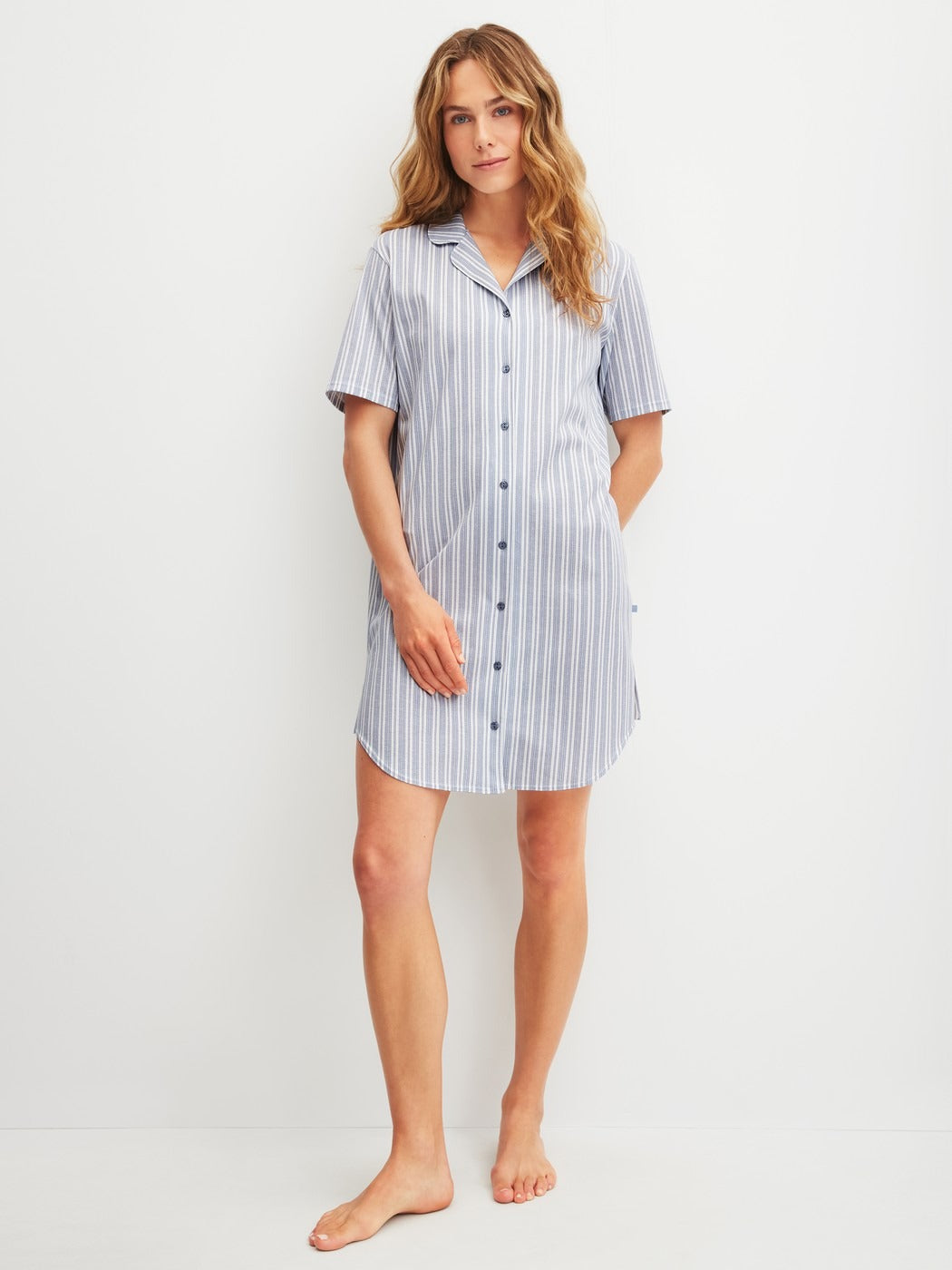 Calida Striped Dreams Short-sleeved nightdress with buttons, length 95 cm