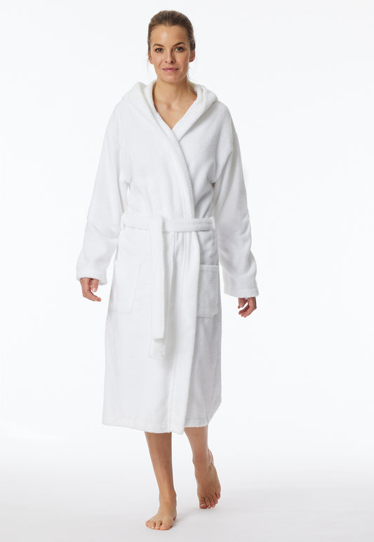 128545-100 Schiesser Bathrobe with hood, 120 cm, white - Essentials
