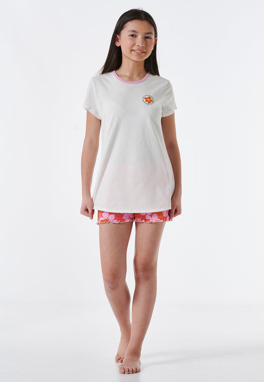 Pyjama court coton biologique fleurs volants blanc cassé - Nightwear