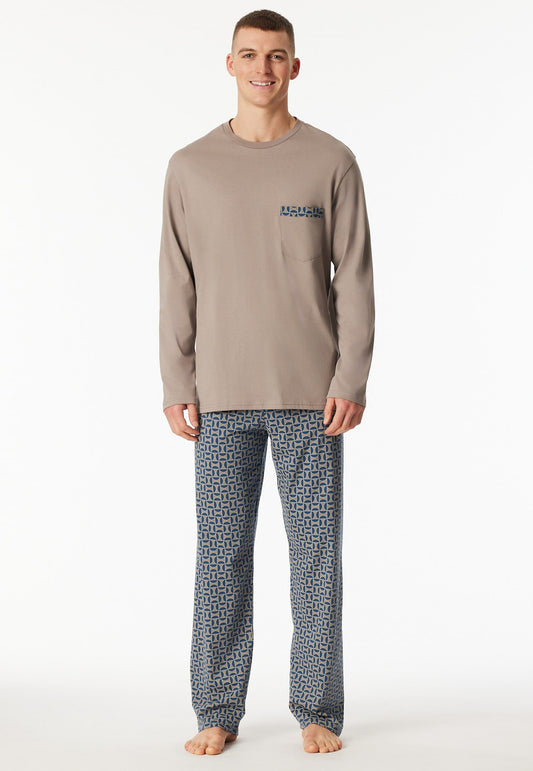 Schiesser Pyjamas long Organic Cotton brown-grey patterned - Comfort Nightwear