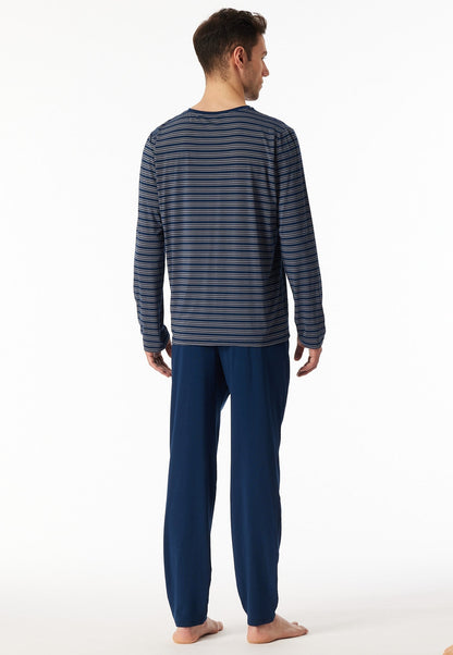 Schiesser Pyjamas long V-neck striping dark blue - Long Life Soft