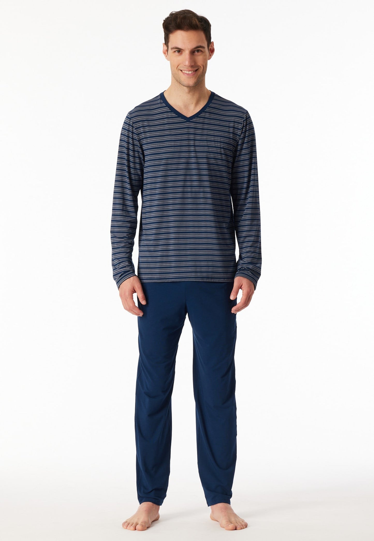 Schiesser Pyjamas long V-neck striping dark blue - Long Life Soft