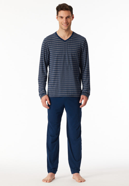 Schiesser Pyjamas long V-neck striping dark blue - Long Life Soft