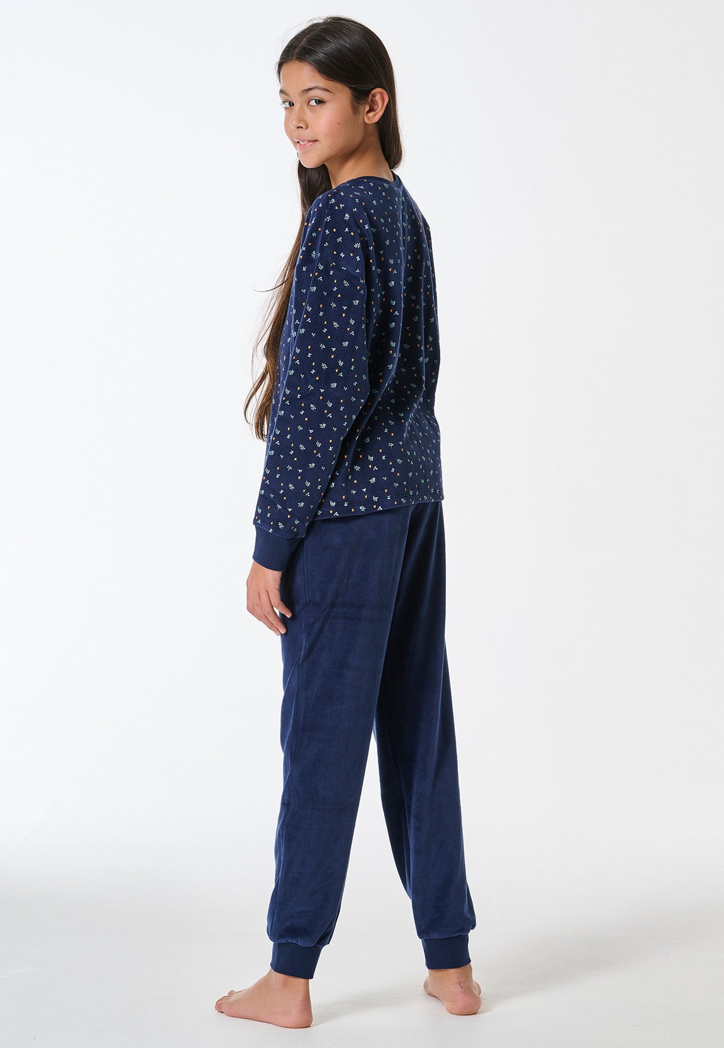 Schiesser Pyjamas long velour cuffs Mille Fleur dark blue - Teens Nightwear