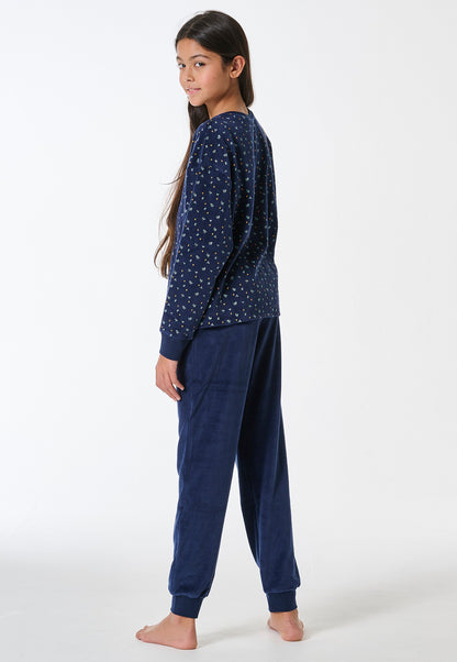 Schiesser Pyjamas long velour cuffs Mille Fleur dark blue - Teens Nightwear