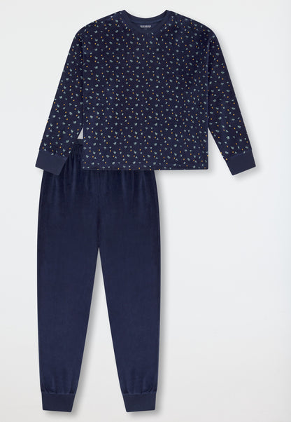 Schiesser Pyjamas long velour cuffs Mille Fleur dark blue - Teens Nightwear