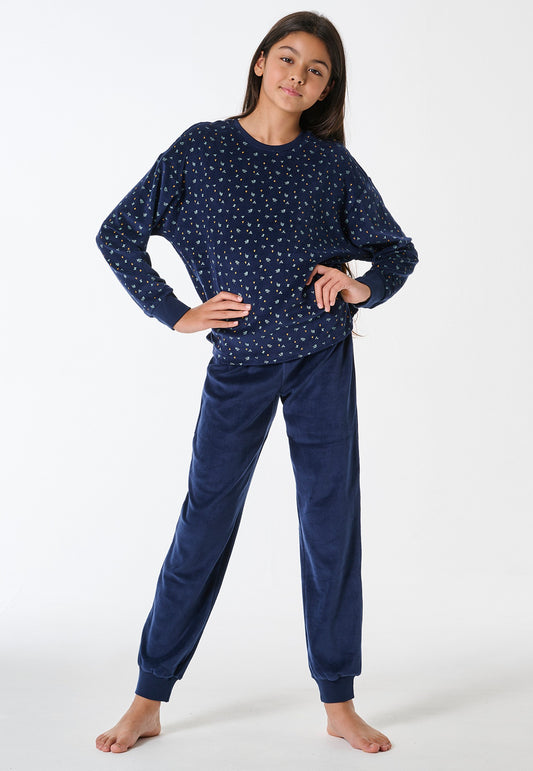 Schiesser Pyjamas long velour cuffs Mille Fleur dark blue - Teens Nightwear