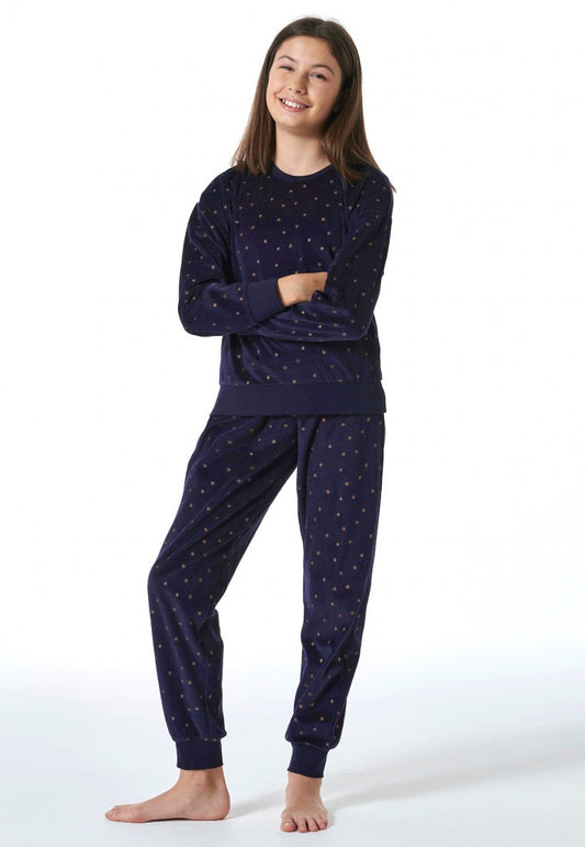 Schlafanzug lang Velour Sterne nachtblau - Nightwear