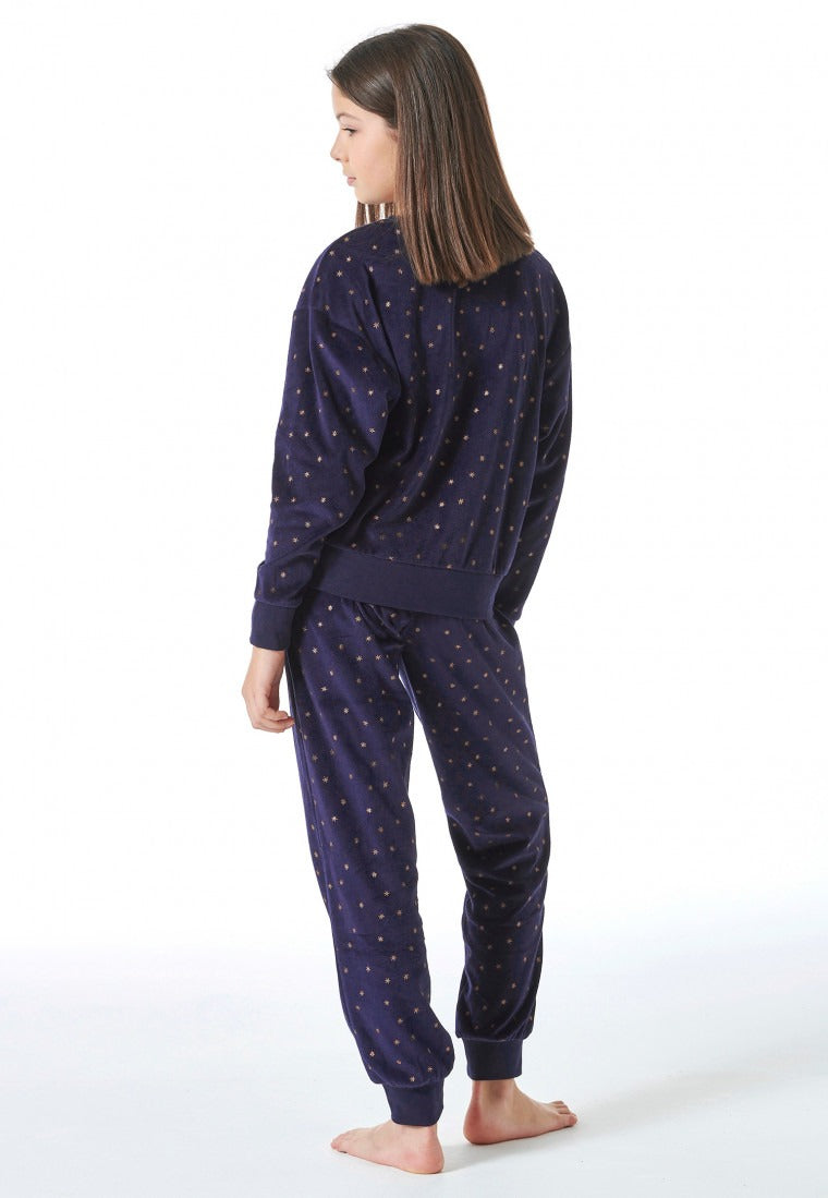 Schlafanzug lang Velour Sterne nachtblau - Nightwear