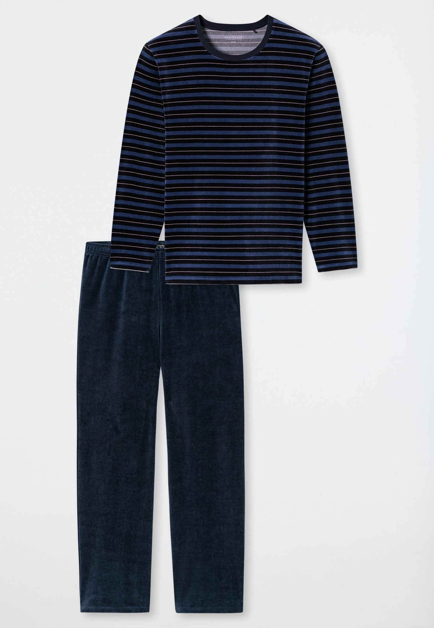 Schiesser Pyjamas long velour stripes midnight blue - Casual Nightwear