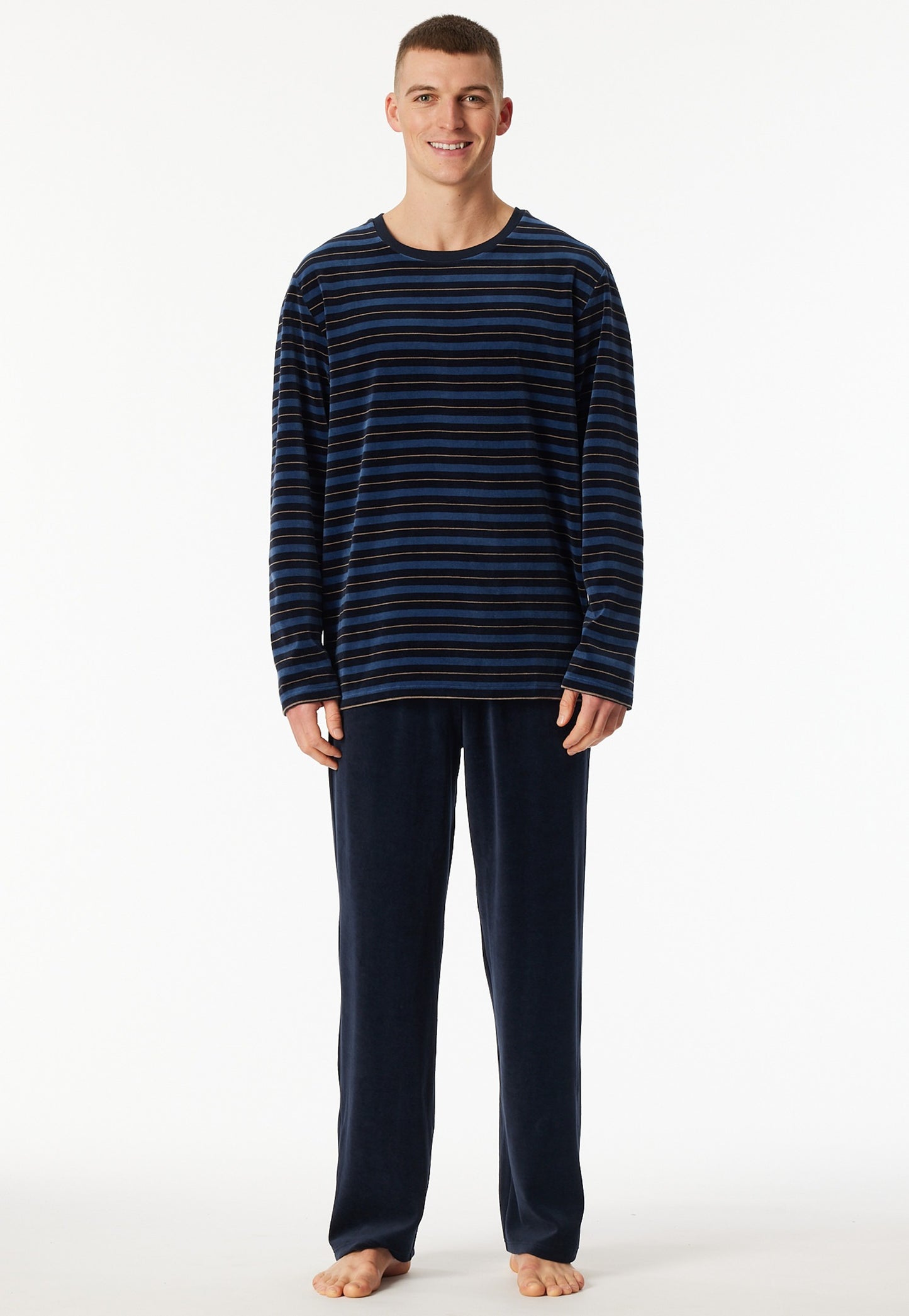 Schiesser Pyjamas long velour stripes midnight blue - Casual Nightwear
