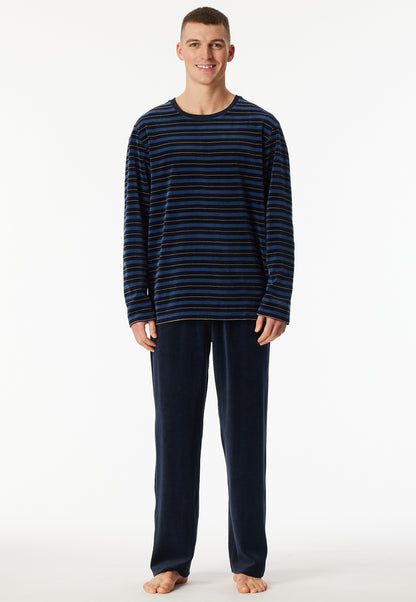 Schiesser Pyjamas long velour stripes midnight blue - Casual Nightwear