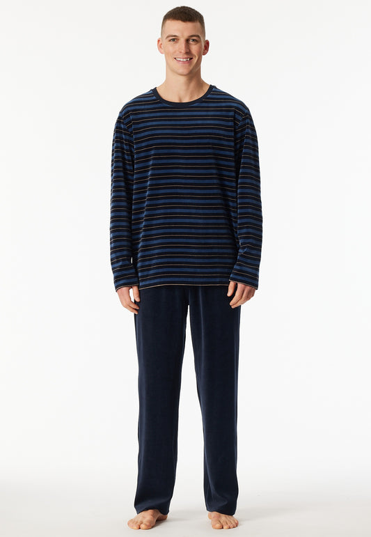 Schiesser Pyjamas long velour stripes midnight blue - Casual Nightwear