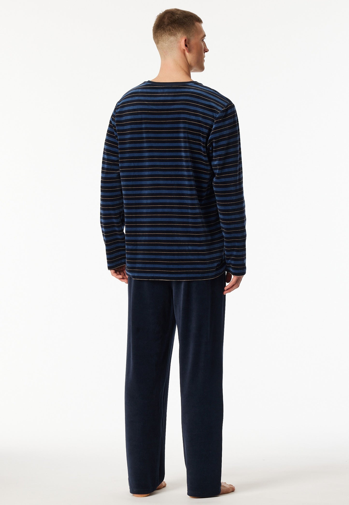 Schiesser Pyjamas long velour stripes midnight blue - Casual Nightwear