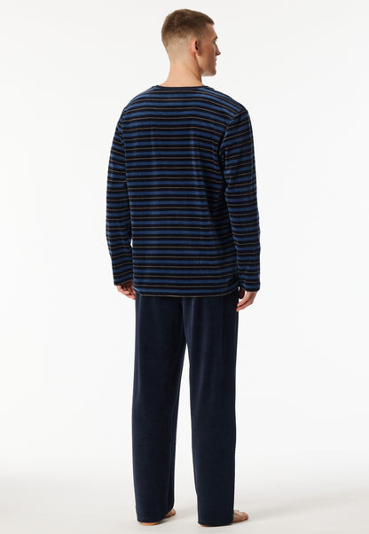 Schiesser Pyjamas long velour stripes midnight blue - Casual Nightwear