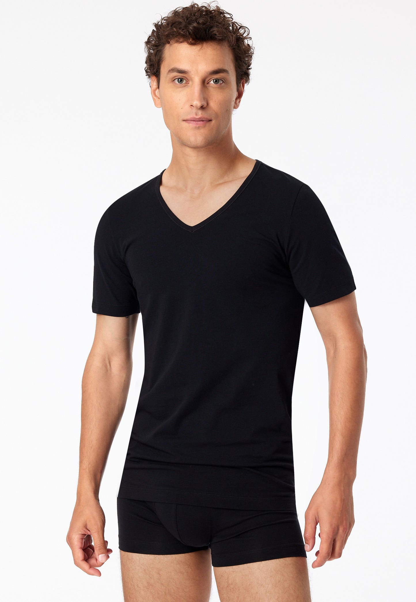 173982-0 Schiesser Short-sleeved shirts 2-pack organic cotton deep V-neck black - 95/5